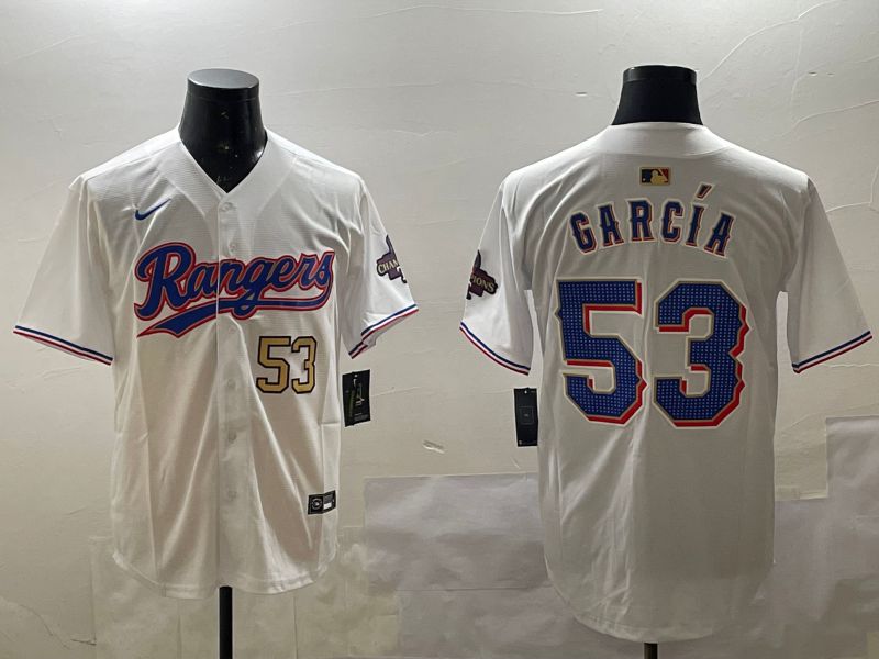 Men Texas Rangers 53 Garcia White Gold Game 2025 Nike MLB Jersey style 2